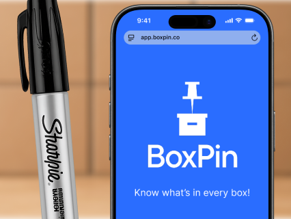 BoxPin: a labeled box and its AI-tagged contents on a phone